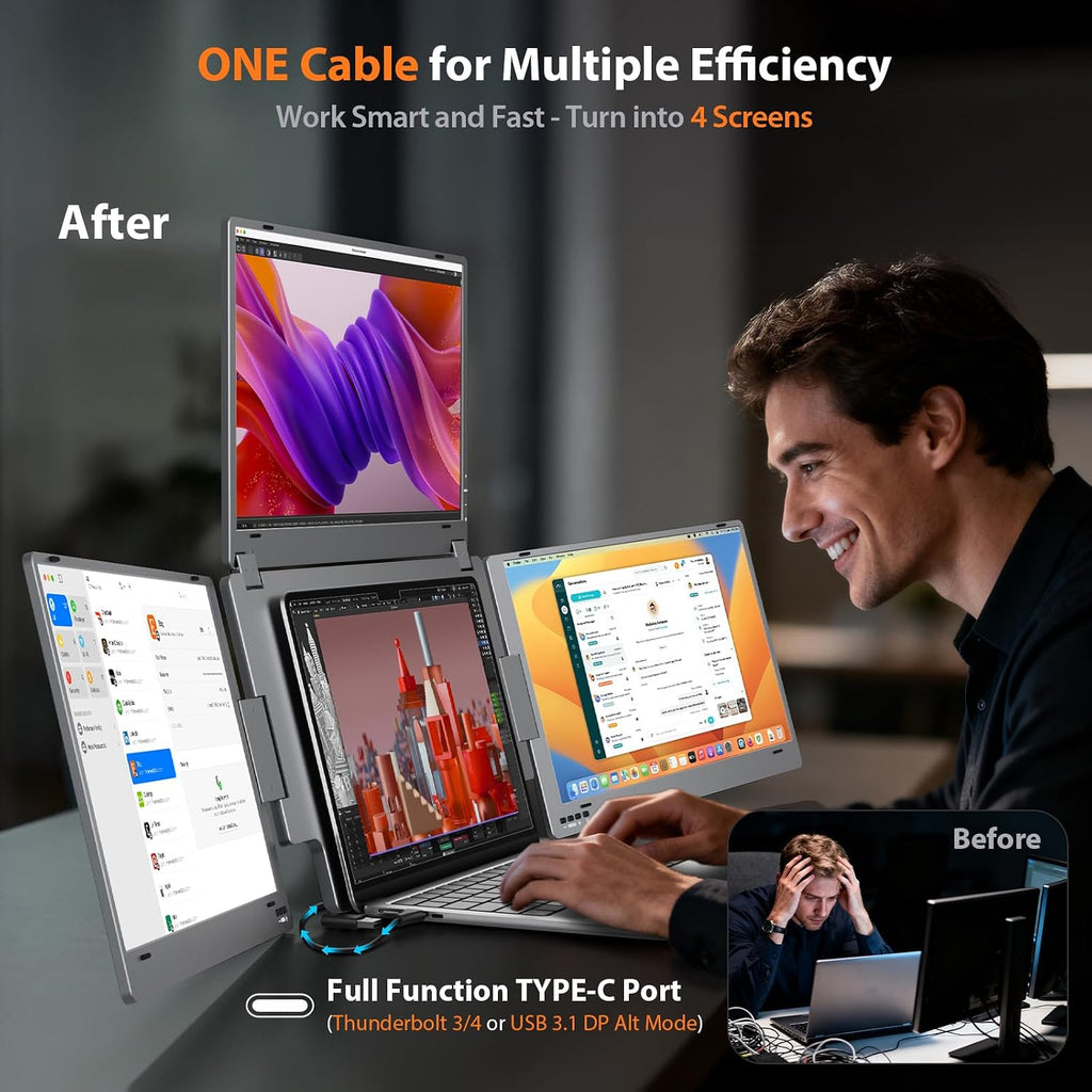 KYY Laptop Screen Extender for Laptop, 15.6' Quad Portable Monitor, 1080P Triple Screen Laptop Monitor Extender, One Cable Connection, Alloy Body, Auto Rotation, for 12–17.3' Laptops, X90G