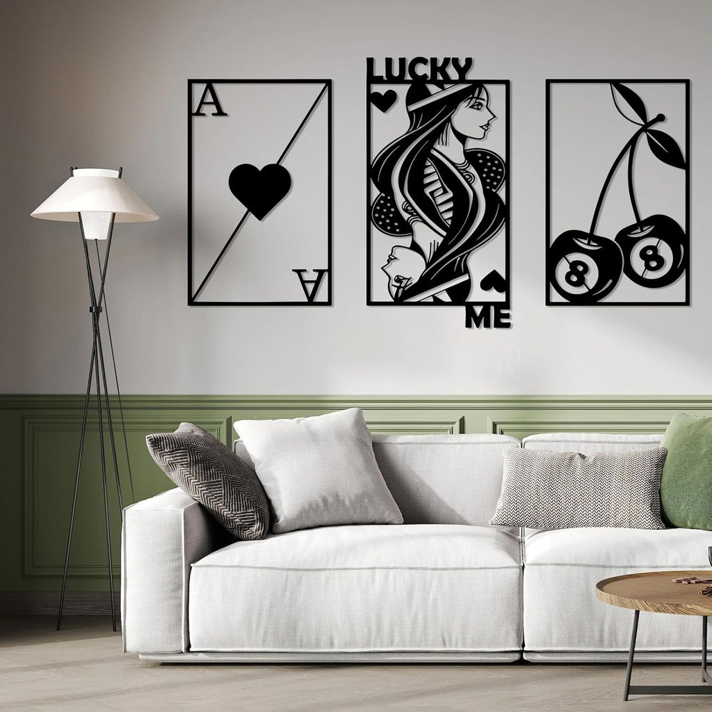 kawazu 3Pcs Poker Metal Wall Art, Lucky Me You Wall Art, Royal Flush Metal Wall Art, Playing Cards Metal Wall Art, Ace of Spades Metal Wall Art, Living Room Decor, Game Room Decor (Silver, M)