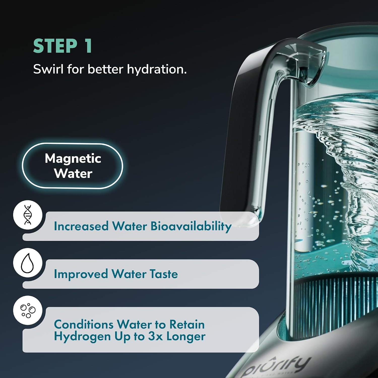 PIURIFY 3 in 1 Hydrogen Water Machine: Hydrogen Water Generator + Vortex Structured Water + Calcium Sulfite Filter | SPE/PEM Hydrogen Water Pitcher with Magnetic Water | BPA-Free Tritan | 50 OZ
