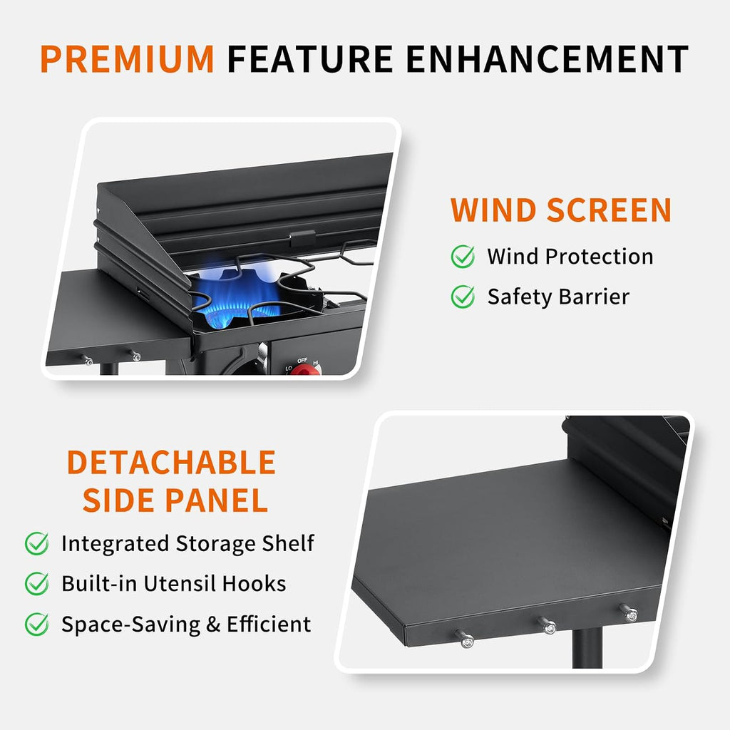 SKOK 2 Burners Camping Propane Stove with Wind Panel&Side Shelves, Portable Gas Stove, Outdoor Stove for Camping, Backyard, Picnic