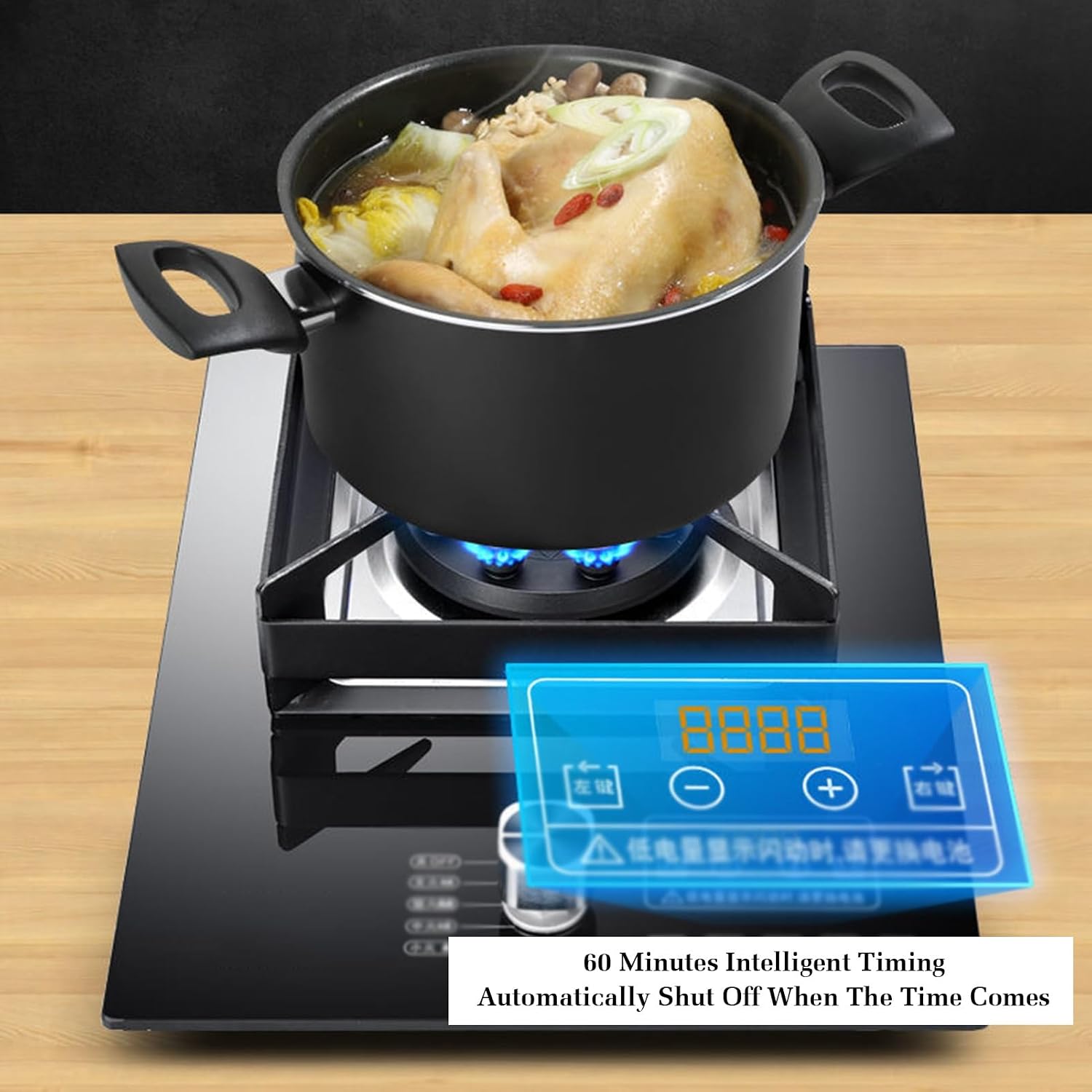 Gas Cooker 1 Burner,5.2KW Nine-Chamber Fire Ring Frying Pan,Tempered Glass Cooktop,with Flameout Protection Device,NG/LPG Gas Conversion(NG)