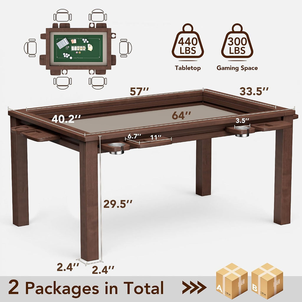 Convertible Board Game Table for 4-6 Players, Spacious Gaming Space w/Clean-Edge Table Top, Non-Slip Play Mat, Cup Holder & Game Tray, Dining Table w/Storage for DND, Poker Card, Family Dinner