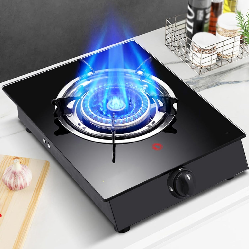 Gas Cooker 1 Burner,Portable Gas Stove,Kitchen Counter Top Stove 5.0KW Gas,Tempered Glass Cast Iron Pot Rack,with Flameout Protection,for Home Kitchen(LPG)