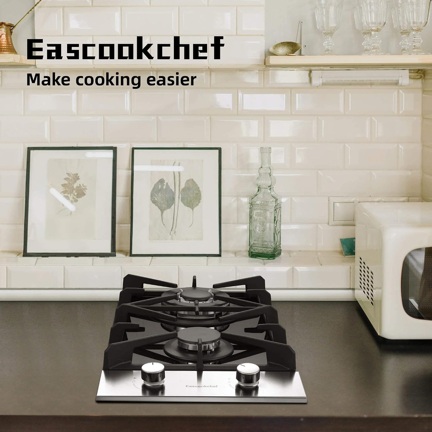 Eascookchef 2 Burner Gas Cooktop, 12 inch LPG/NG Dual Fuel Built-in Gas Stove Top, Black Tempered Glass Stove, Propane Cooktop for Apartment, Outdoor, RV, With Thermocouple Protection