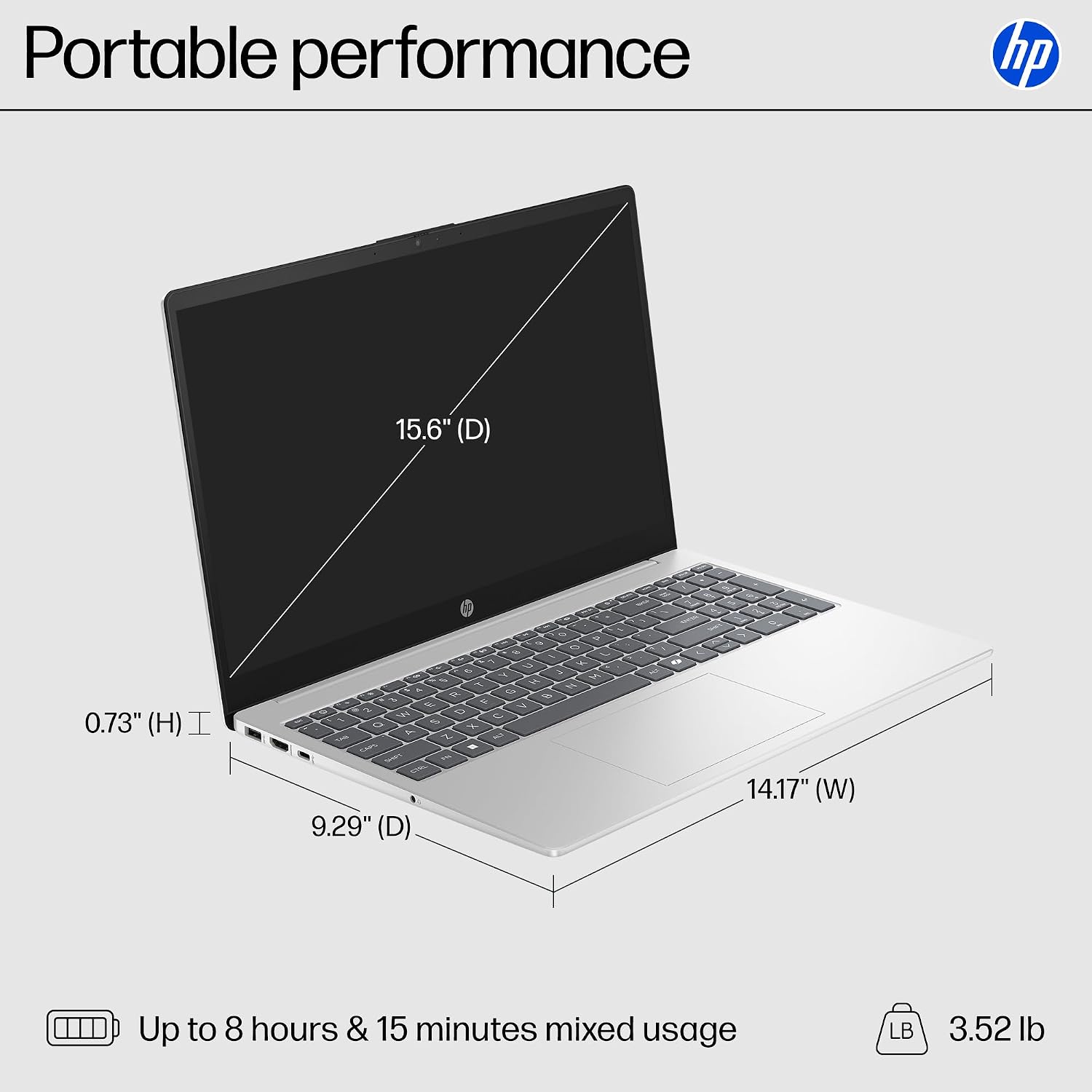 HP 15.6 inch Laptop, FHD Display, AMD Ryzen 3 7320U, 8 GB RAM, 256 GB SSD, AMD Radeon Graphics, Windows 11 Home in S Mode, Natural Silver, 15-fc0500nr
