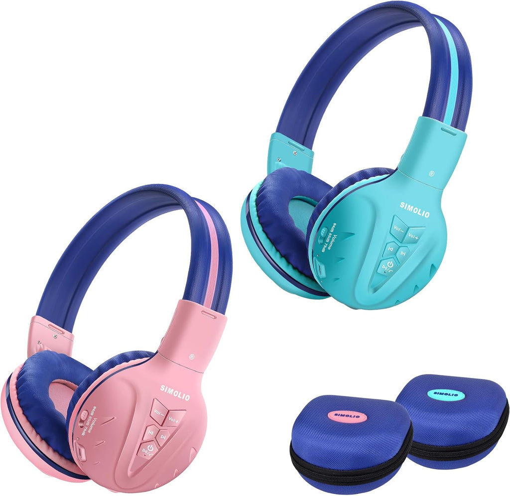 SIMOLIO Kids Wireless Bluetooth Headphones with Mic, Auracast & Volume Limiter, Share Audio, Foldable, Compact Case, Perfect for Travel, School, and Online Learning