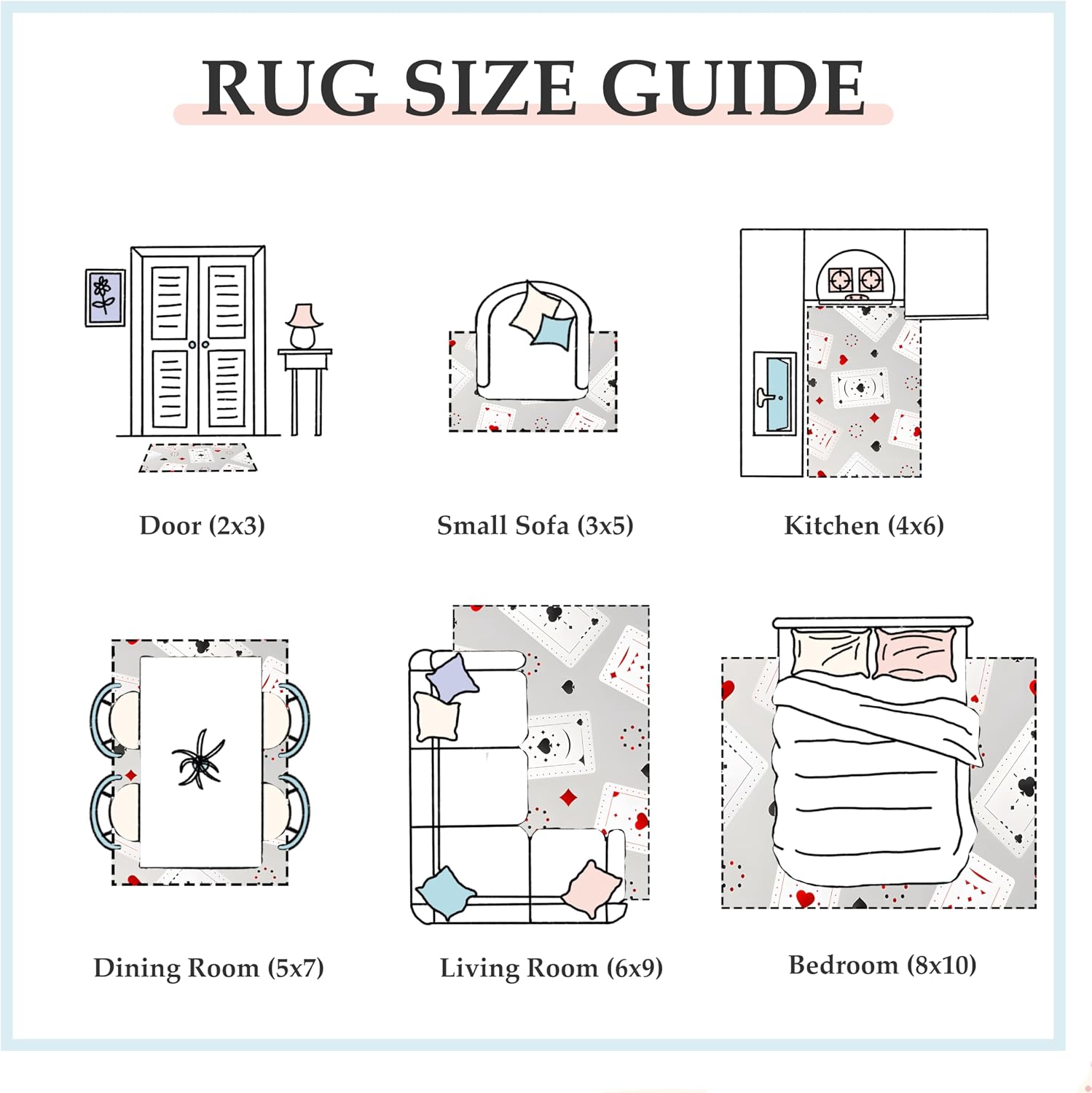 Poker Area Rug, 6x9 Rug, Suits Heart Spades Club Diamond Area Rug 6x9, Cards Game Accent Rug, Non-Slip Foldable Large Area Rug for Bedroom Living Room Dorm Dining Room Decor (Gray Black Red)
