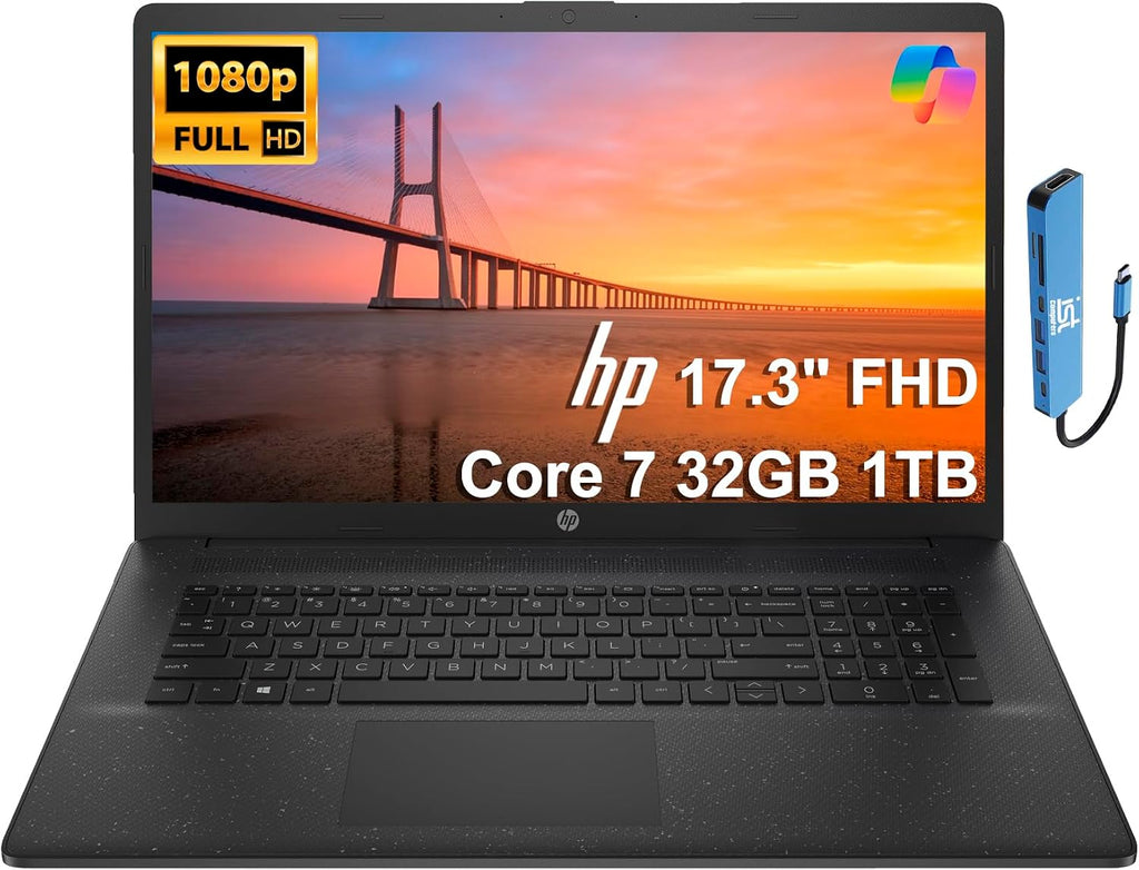 HP 17 Laptop (17.3' FHD Anti-Glare, Intel 10-Core i7 150U (> Ultra 5 125U), 32GB RAM, 1TB SSD) for Business, Home, Students, Narrow Bezel, Numeric Keypad, Fast Charge, IST Hub, Wi-Fi 6, Win 11 Home