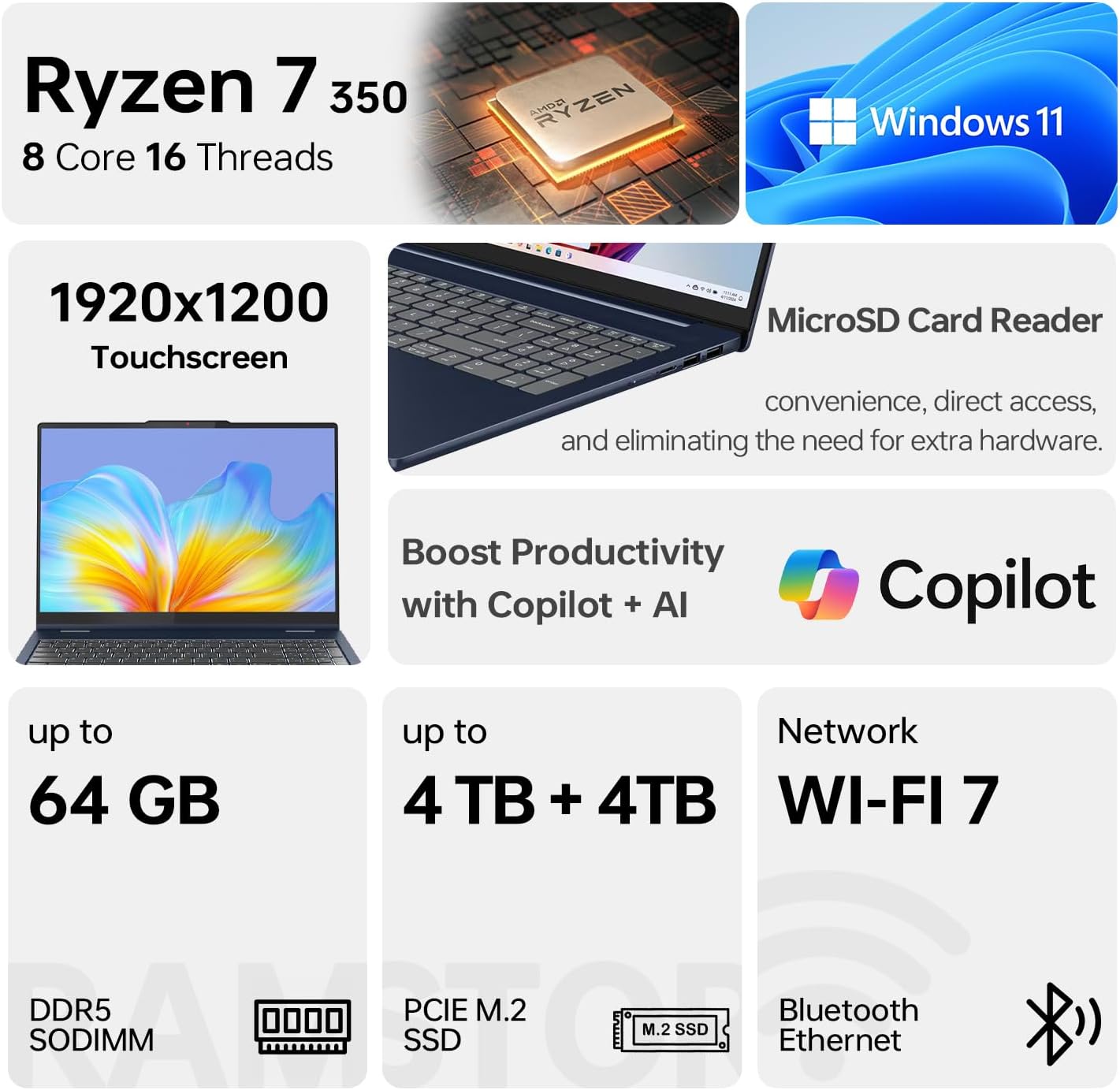 Lenovo 2025 IdeaPad Slim 5 Next Gen AI Copilot Business Laptop, 16' FHD+ Touchscreen, AMD Ryzen 7 350, 64GB DDR5 RAM, 2TB SSD, Backlit KB, Wi-Fi 7, W11P, Bundle with ADATA 512GB External SSD