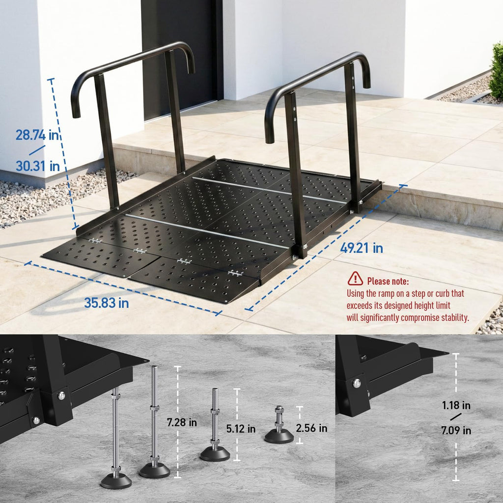 Upgraded Portable Wheelchair Ramp with Handrails and Adjustable Flap, Non-Slip Heavy Duty Handicap Ramp 770lbs Load Capacity, Wheelchair Ramp for Home Steps, Stairs, Doorway, 49.2' L x 35.8'
