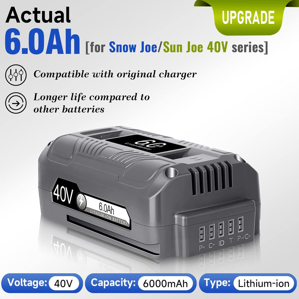 【Upgrade!】 40V 6.0Ah Replacement Battery for Snow Joe/Sun Joe Ecosharp 40V Tools Lithium-ion Battery Snow Blower Lawn Mower Pressure Washer. 40V Wireless iON Models