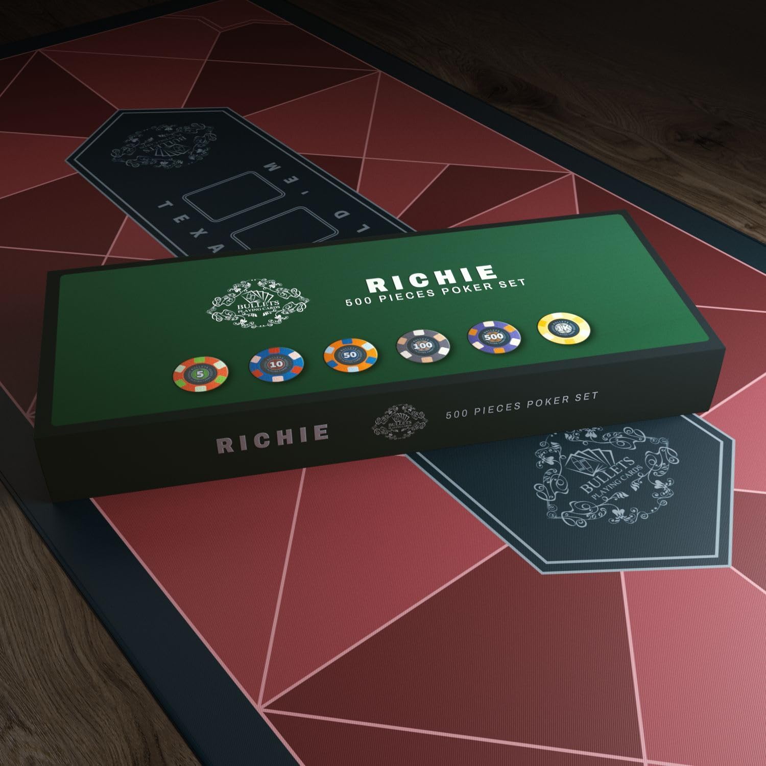 Bullets Playing Cards | Professional Poker Set Richie | 500 Ceramic Poker Chips (10 g) with Premium Carrying Case – Casino Poker Set for Texas Hold'em