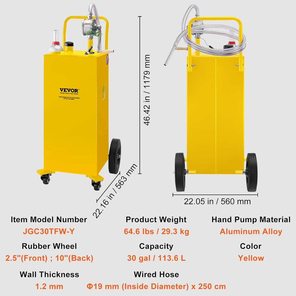 VEVOR 30 Gallon Fuel Caddy, Gas Storage Tank & 4 Wheels, with Manual Transfer Pump, Gasoline Diesel Fuel Container for Cars, Lawn Mowers, ATVs, Boats, More, Yellow