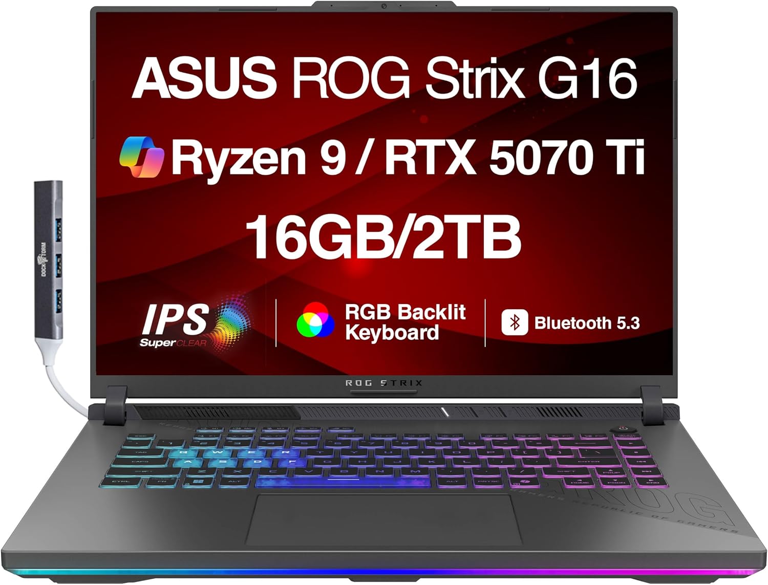 ASUS ROG Strix G16 G614 AI Gaming Laptop 16.0' 165Hz IPS WUXGA Display (AMD Ryzen 9 8940HX, GeForce RTX 5070 Ti 12GB, 16GB DDR5, 2TB PCIe SSD, RGB KB, Win 11 Home) w/DKZ USB Hub - G614PR-G16.R95070TI