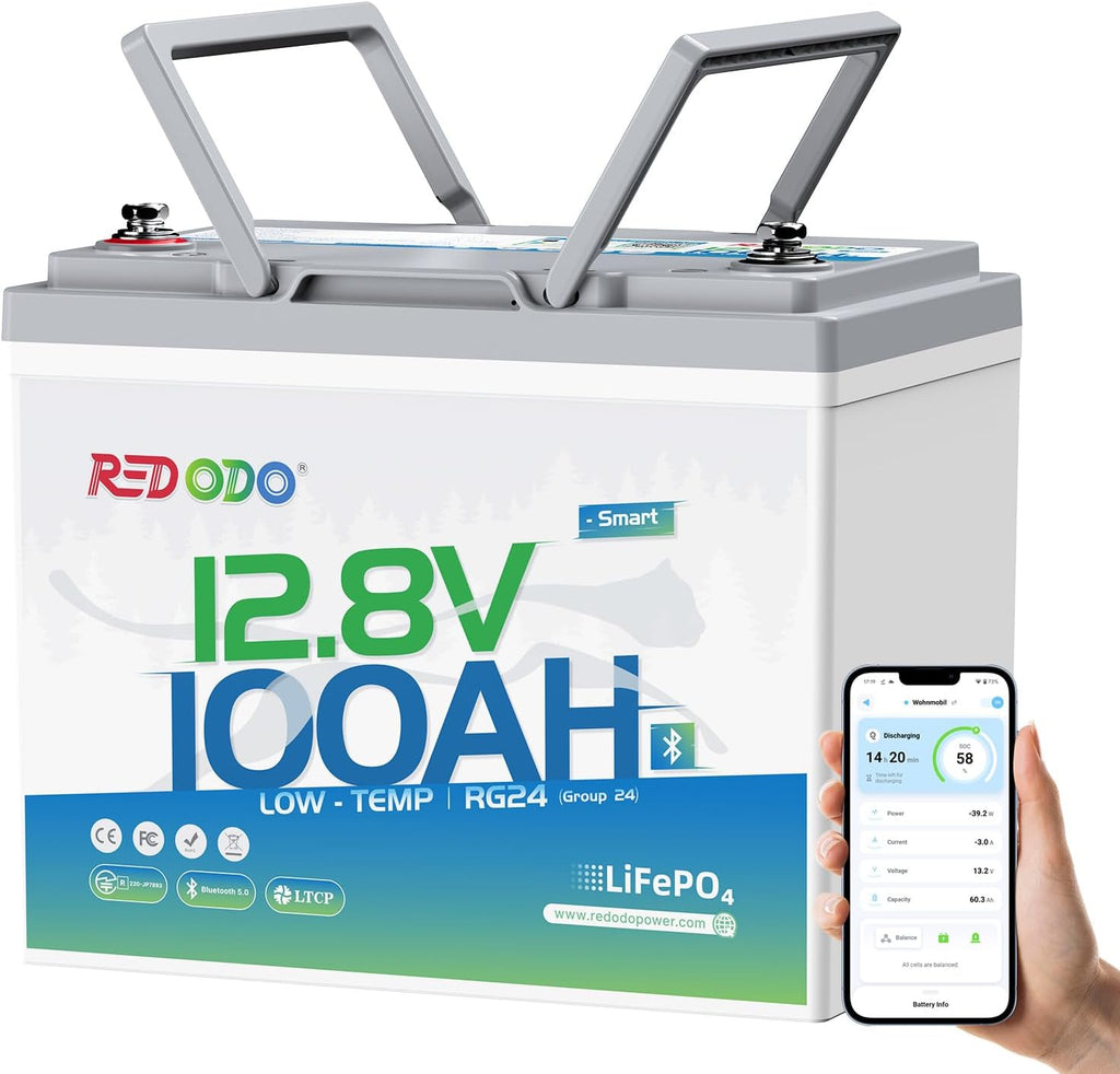 Redodo 12V 100Ah LiFePO4 Battery, Group 24 Deep Cycle Lithium Battery with Bluetooth & Low-Temp Cut-Off, Built-in 100A BMS for RV, Marine, Solar, Home Backup Power, Trolling Motor