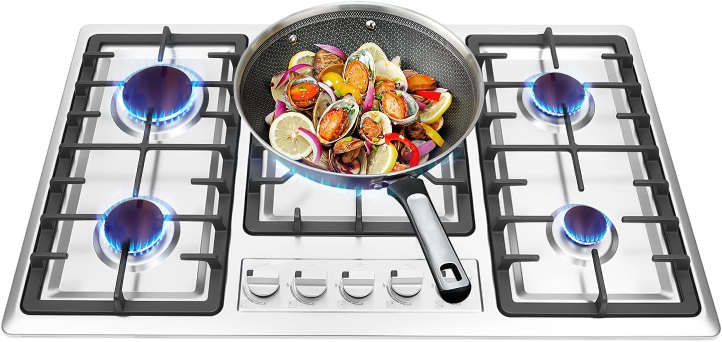 34 inch Gas Cooktop, Stainless Steel Built-in 5 Burners Stovetop, LPG/NG Dual Fuel Auto Ignition Gas Hob, Propane Stove Top with Thermocouple Protection for Apartments Indoor