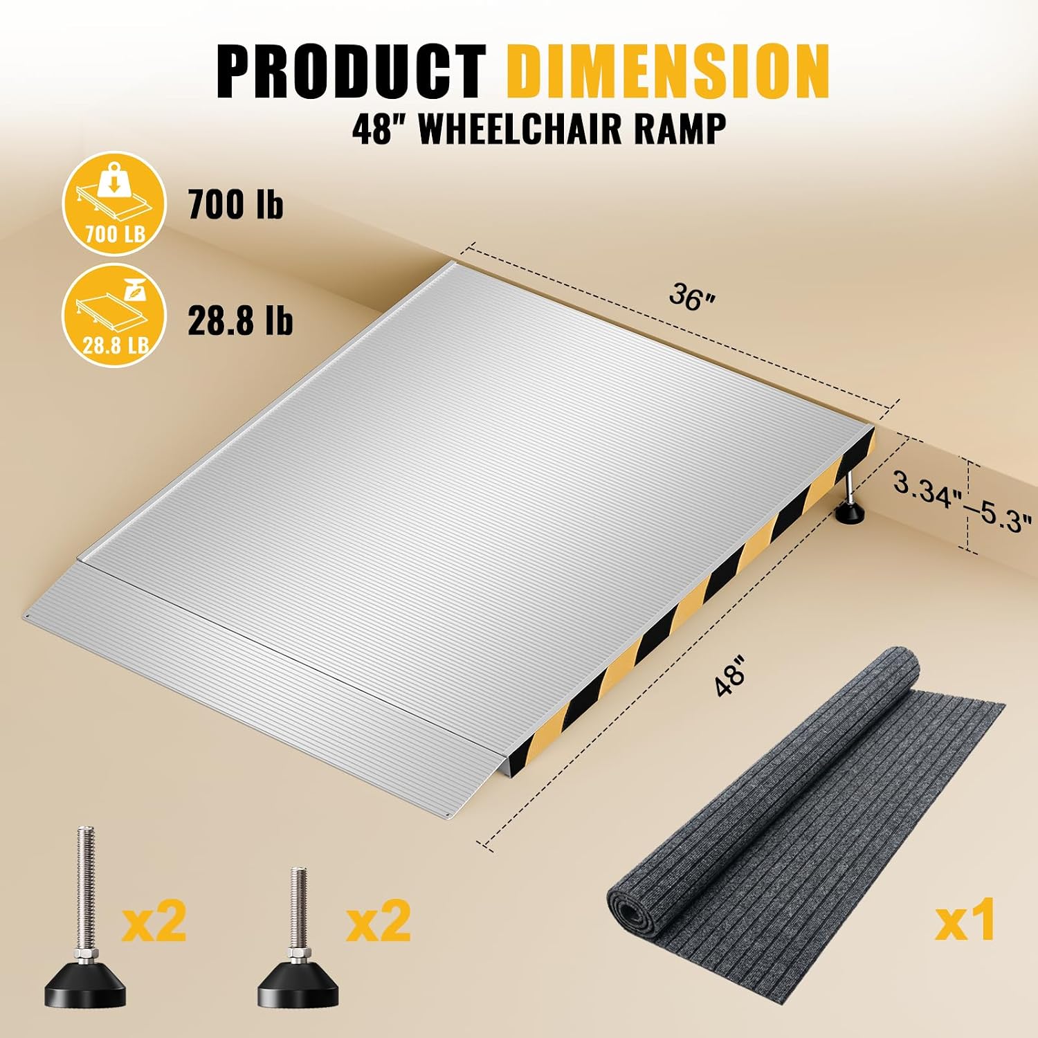 Aluminum Threshold Ramp for Doorways, Adjustable 3.34' to 5.3' Rise, 48' Portable Wheelchair Walker Ramp for Home with Adjustable Leveling Feet and Non-Slip Door Mat, for Steps, Curbs and Entryways