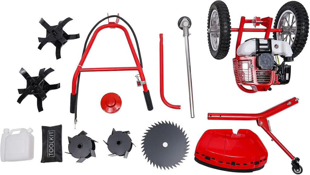 2 Stroke 49CC Gas Walk Behind Brush Cutter, Gas Powered Hand Push Lawn Mower, Brush Mower Gasoline Brush Broom Sweeping Machine, Gas Brush Cutter String Trimmer for Yard