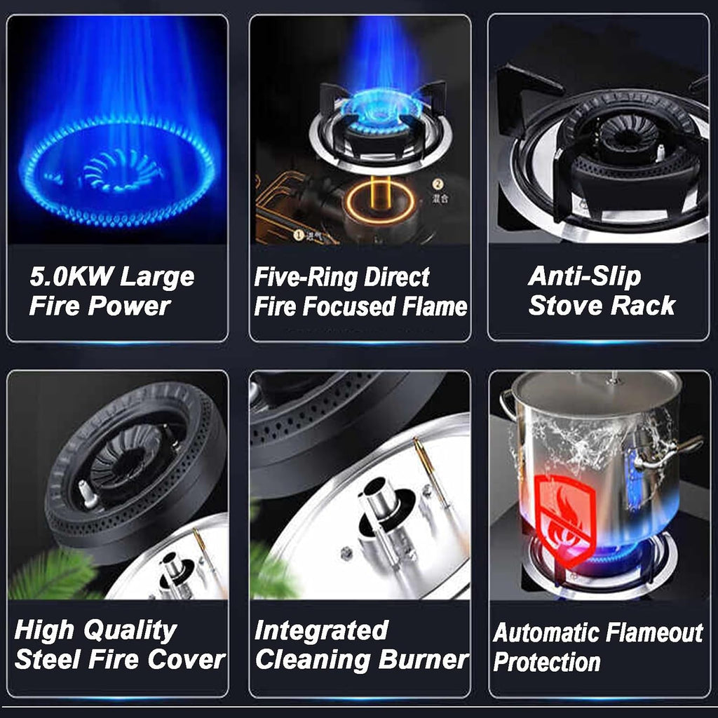 Gas Stove Single Burner,5.2KW High Flame Burner,Tempered Glass Cooktop,NG/LPG Convertible Stove,Desktop Embedded Dual-Purpose,with Flameout Protection(LPG)