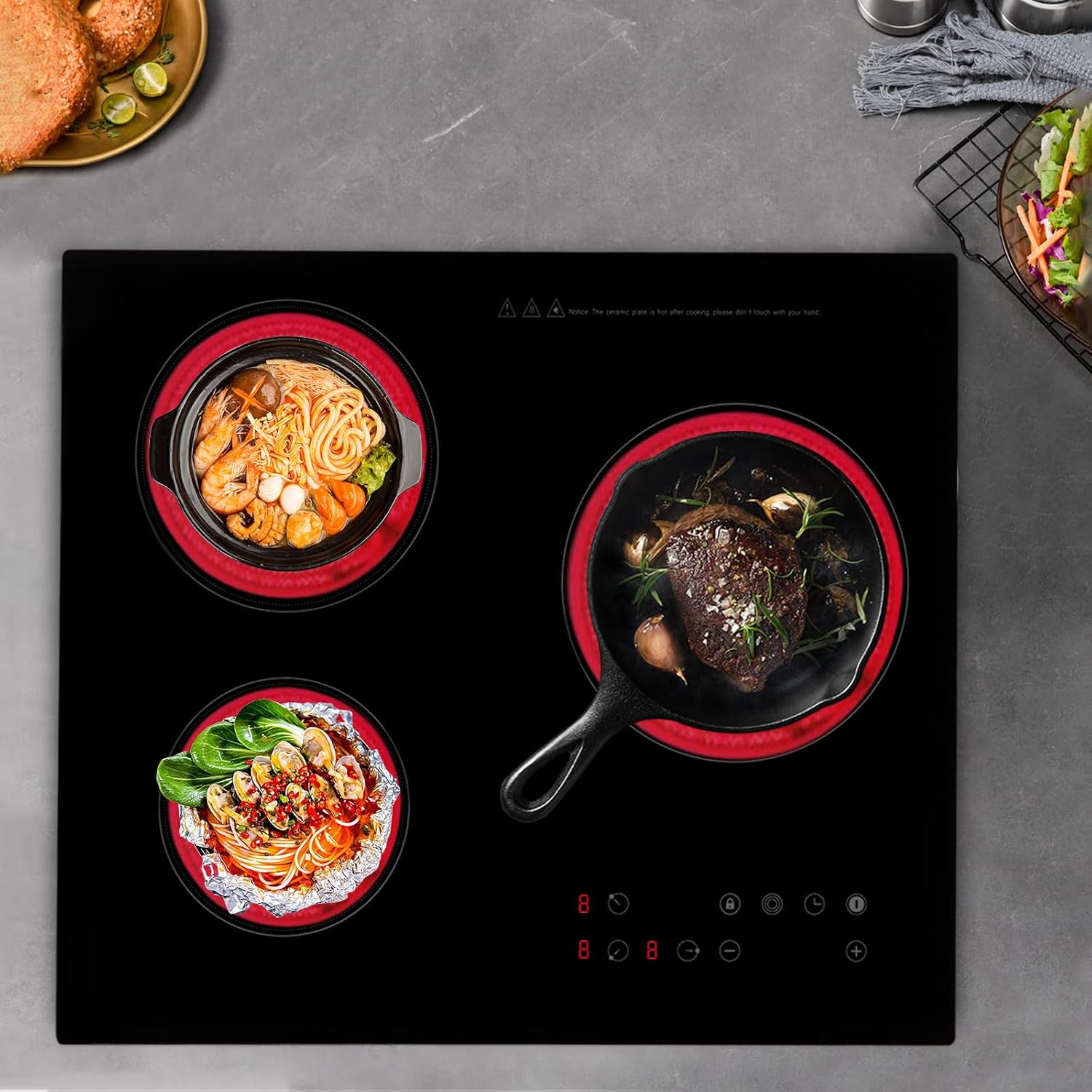 110v Electric Stove Top Burner, Rv Ceramic Cooktop, Sensor Touch Control With Safety Lock, Timer ＆ 9 Heating Levels, Black (3 Burner, 800W+600W+1200W)