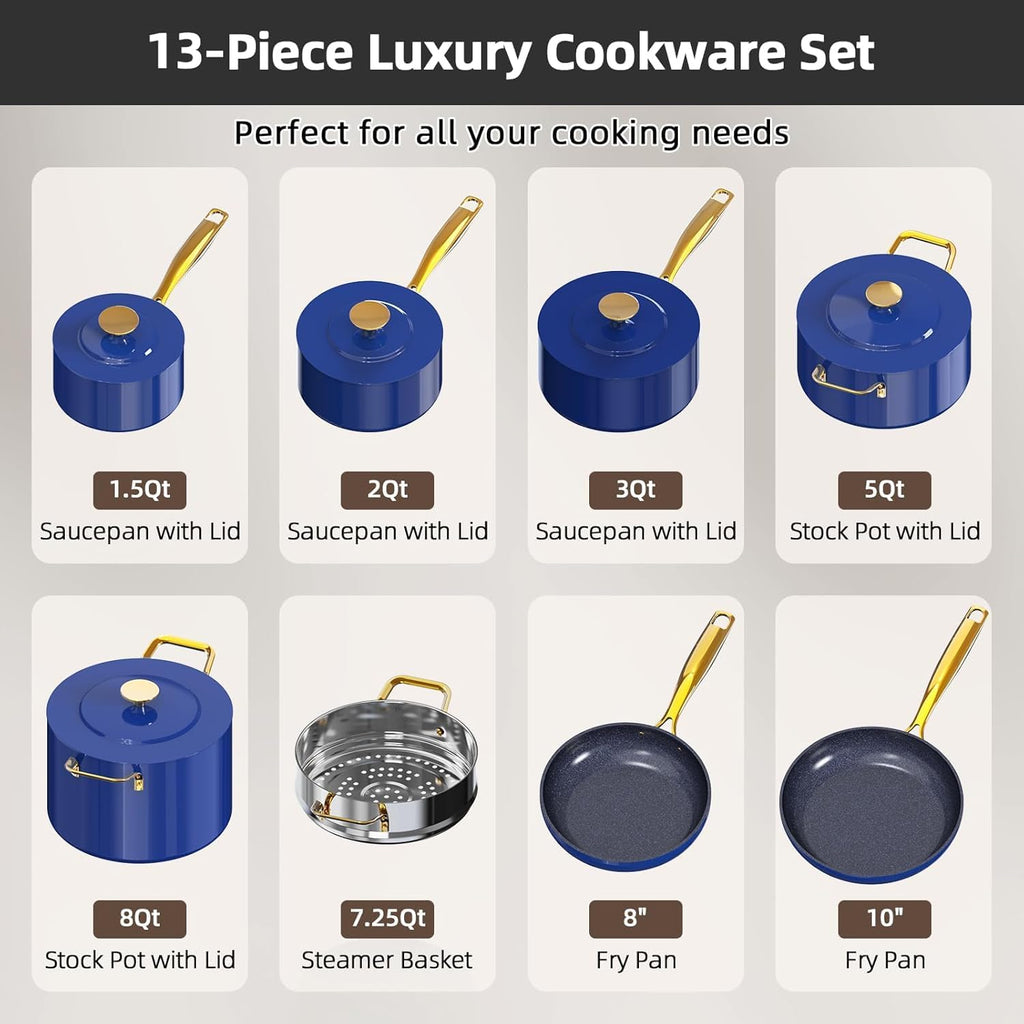 Nuwave Lux LE 13-Pc Cookware Set with Elegant Gold Handle, Diamond Infused Ceramic Non-Stick, PFAS Free, Premium Metal Lids, Ergonomic Stay-Cool Handles, Induction Ready & Compatible w/All Cooktops