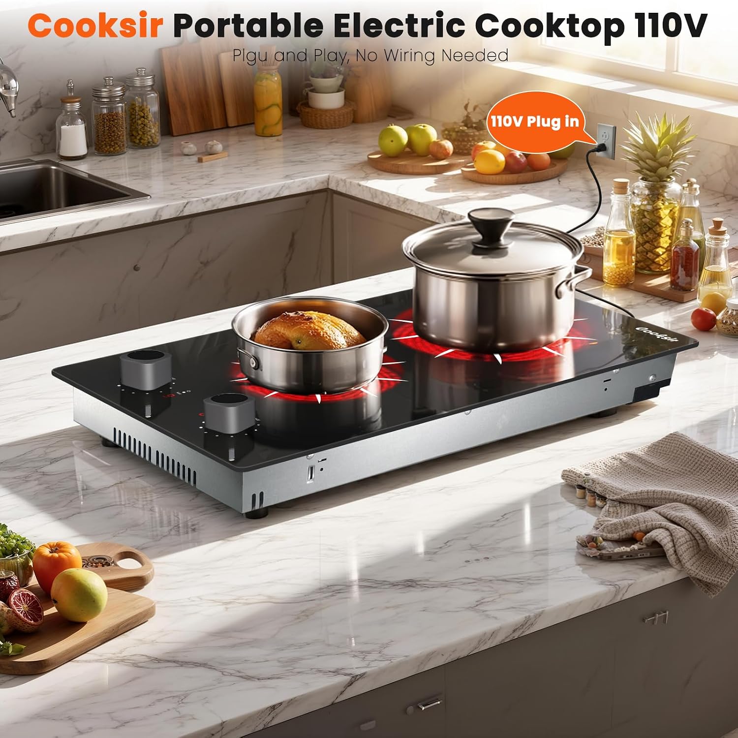 2 Burner Electric Cooktop - 12 Inch 2000W Electric Stove Built-in & Countertop, Two Burner Ceramic Cooktop with Knob Control, 9 Power Level, Over Heat Protection, 110-120V Plug in (Grey Konb)