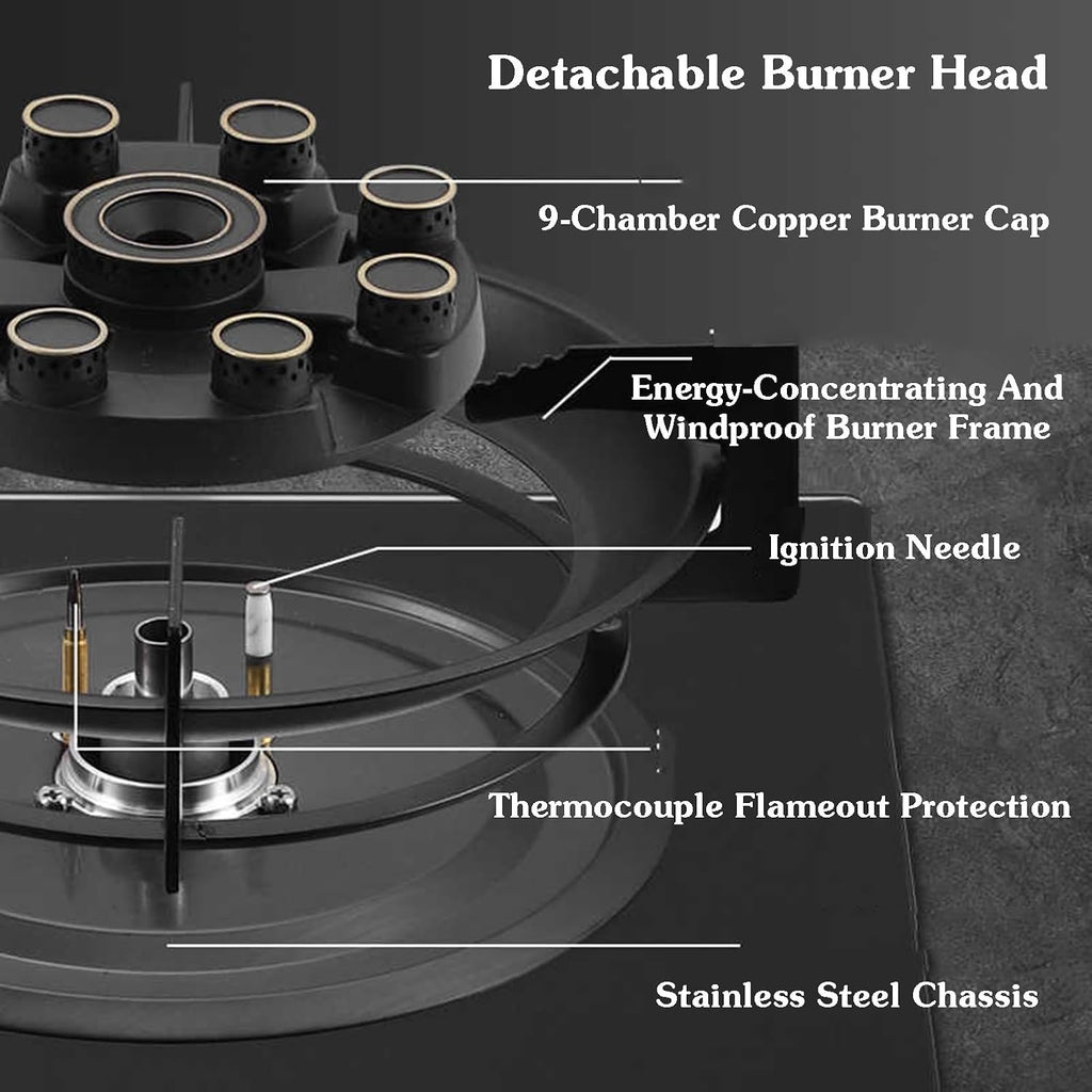 Gas Stove 1 Burner,5.2KW 9-Cavity Countertop Stove,Independent Timer Both Sides,Tempered Glass Cast Iron Pot Rack,NG/LPG Gas Source Kit(LPG)