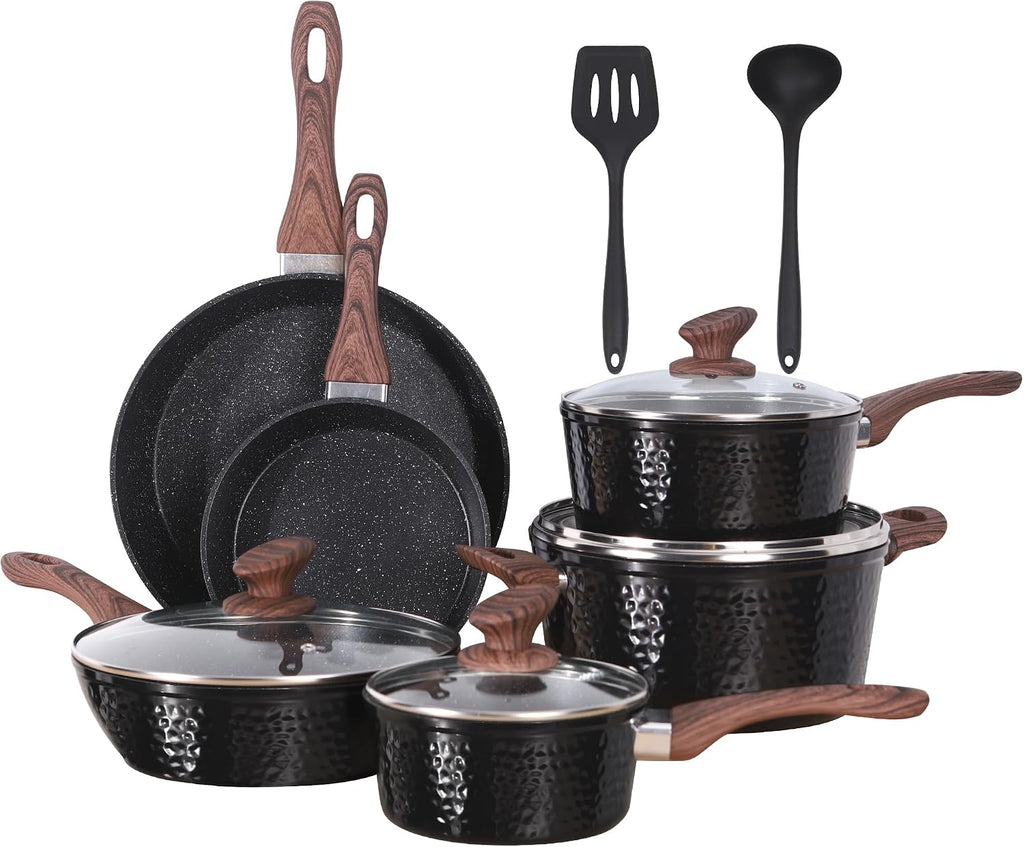 Kitchen Academy Induction Pots and Pans Set Non Stick - 12 Pcs Nonstick Kitchen Cookware Set, Black Hammered Cooking Pans Set