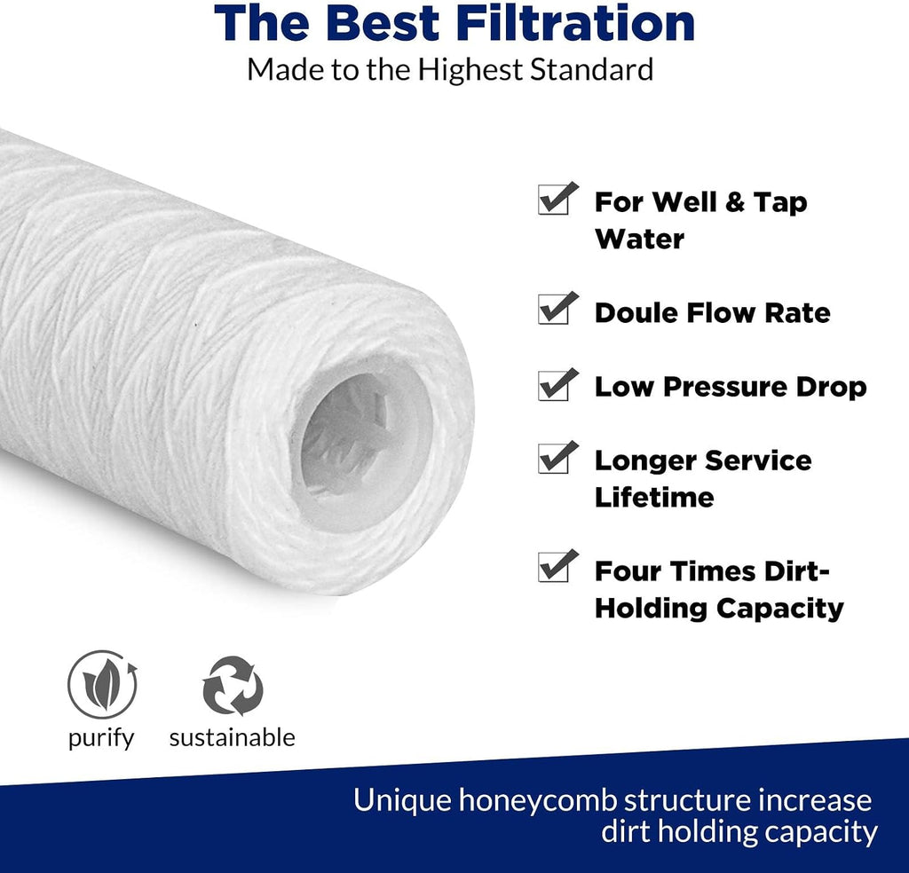 42 Pack of 5 Micron 10'x2.5' String Wound Whole House Water Filter Replacement Cartridge by Membrane Solutions, Universal Sediment Filters for Well Water, Compatible with WFPFC4002, CW-F, CW-MF, WP-5