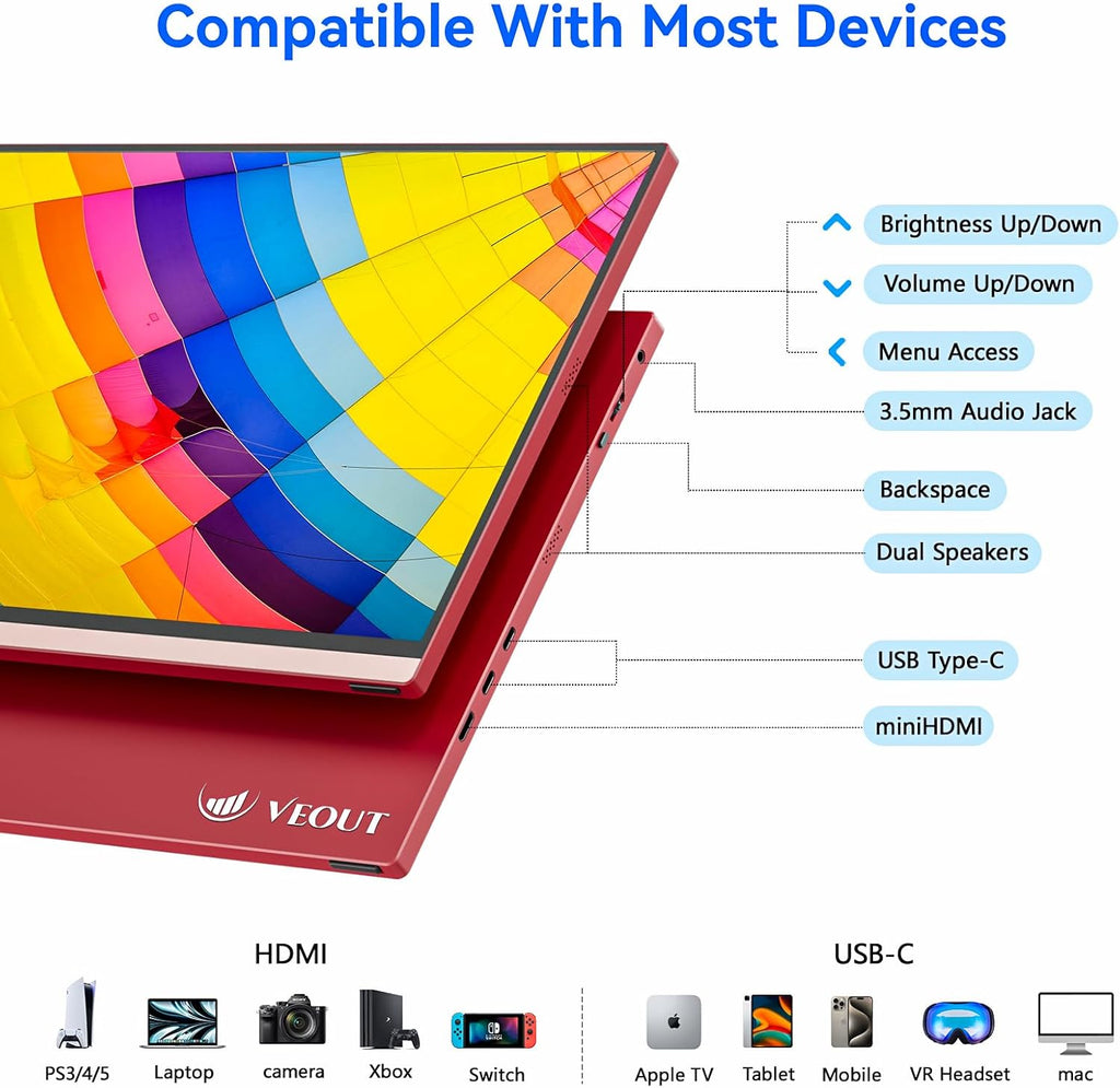 Veout 16Inch Pink Portable Monitor for Laptop, 1920x1200P IPS 16:10 Computer External Screen, 100% sRGB Stand Support Freesync, for Girl Phone, PC Home Use