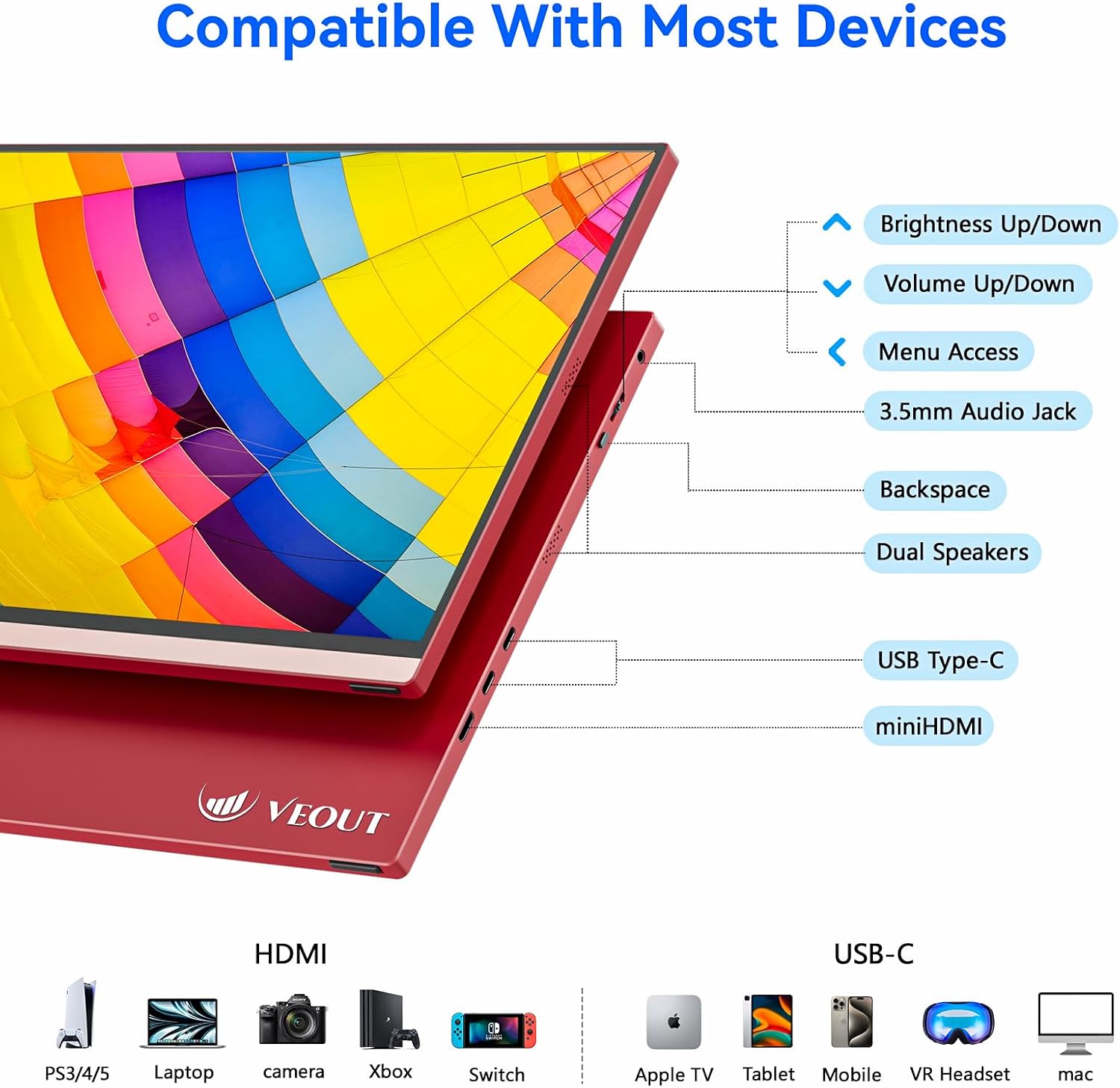 Veout 16Inch Pink Portable Monitor for Laptop, 1920x1200P IPS 16:10 Computer External Screen, 100% sRGB Stand Support Freesync, for Girl Phone, PC Home Use
