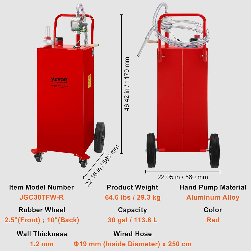 VEVOR 30 Gallon Fuel Caddy, Gas Storage Tank & 4 Wheels, with Manual Transfer Pump, Gasoline Diesel Fuel Container for Cars, Lawn Mowers, ATVs, Boats, More, Red