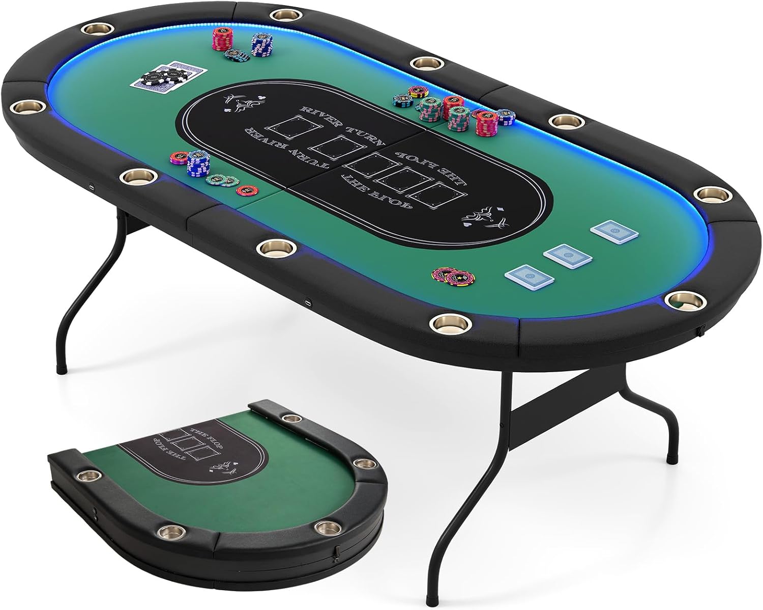 Goplus 84' Foldable Poker Table with LED Lights, 10 Players Card Board Game Table w/Casino Grade Felt, Steel Cup Holder, Padded Rails, for Texas Hold'em, Blackjack, No Assembly Required (Green)