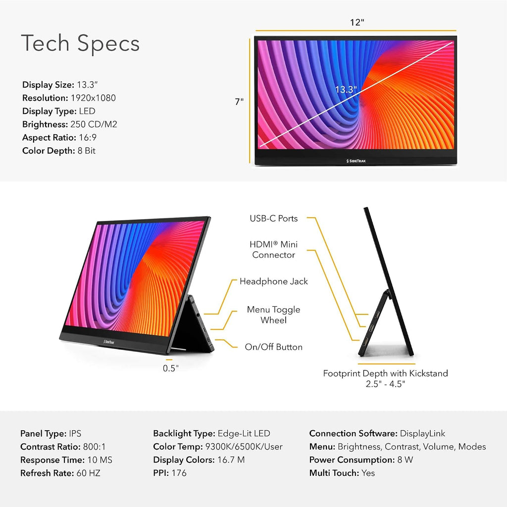 SideTrak Solo Pro 13' Touchscreen Portable Monitor for Laptop | 1080p LED Small Laptop Screen Extender with Kickstand | 10ms Response, 60Hz Refresh Rate | USB-C®, Mini-HD | 1.6 lbs - 6 Pack
