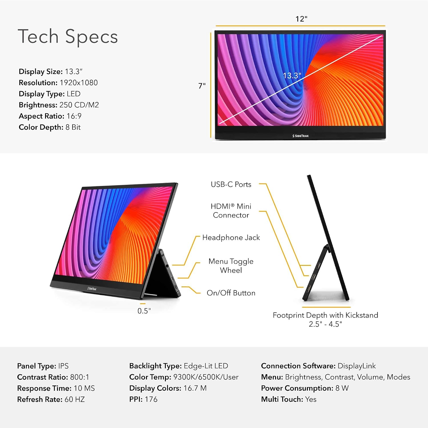 SideTrak Solo Pro 13' Touchscreen Portable Monitor for Laptop | 1080p LED Small Laptop Screen Extender with Kickstand | 10ms Response, 60Hz Refresh Rate | USB-C®, Mini-HD | 1.6 lbs - 6 Pack