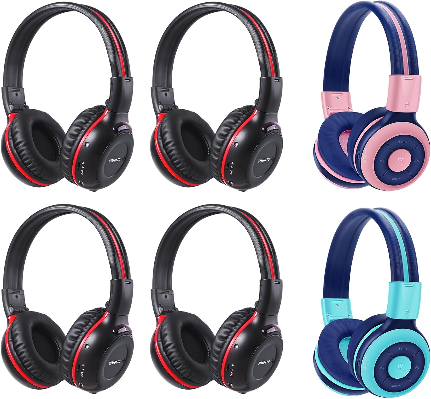 SIMOLIO 4 Pack Wireless IR Headphones for Car DVD and 2 Bluetooth Headphones for Kids, Infrared Headphones Compatible with Honda Odyssey & uConnect VES & Dodge Grand Caravan & Chevy Suburban 2006