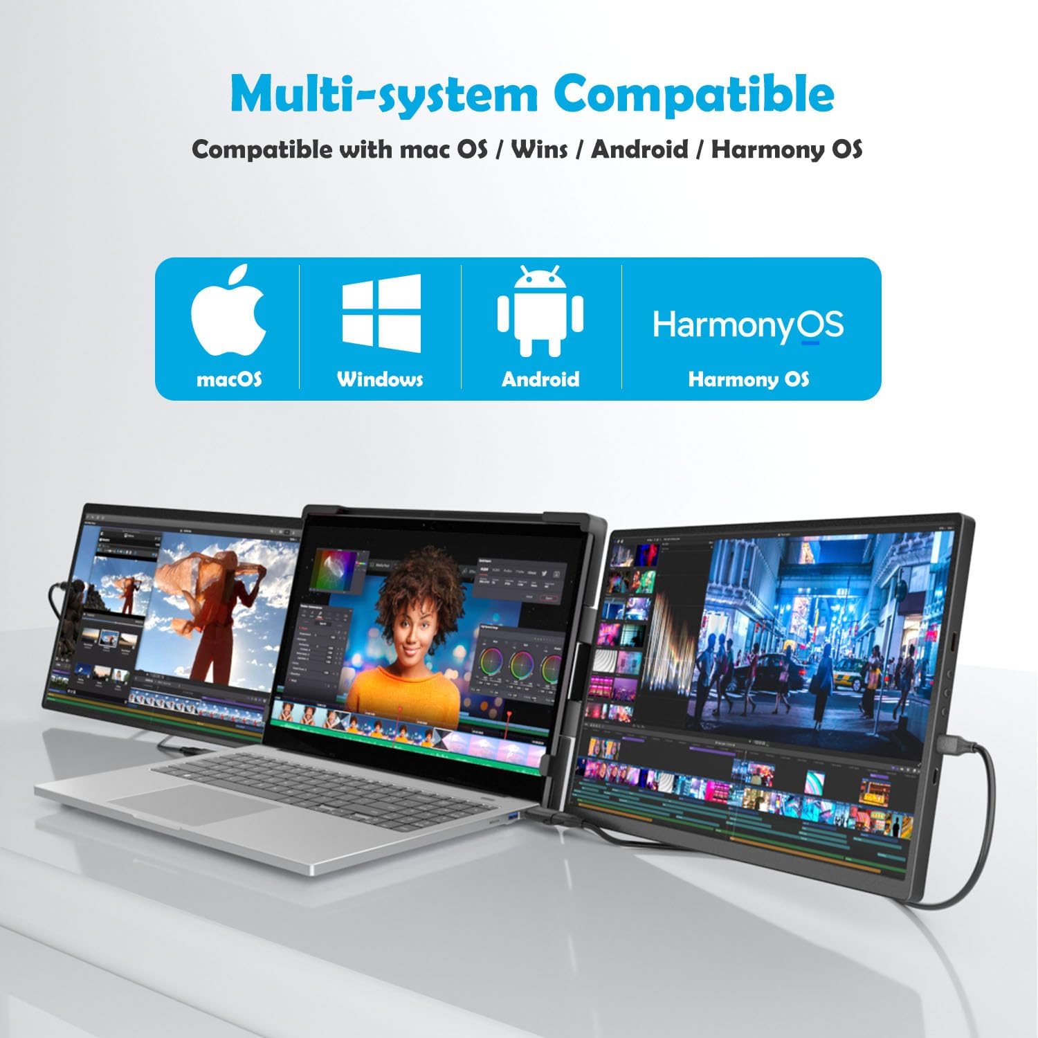 14.1-inch 2K Portable Triple Laptop Monitor Extender (with USB Docking Station) 2240x1400 QHD IPS Foldable Plug and Play Travel Home Office External Screen Compatible with HDMI,USB-A and USB-C