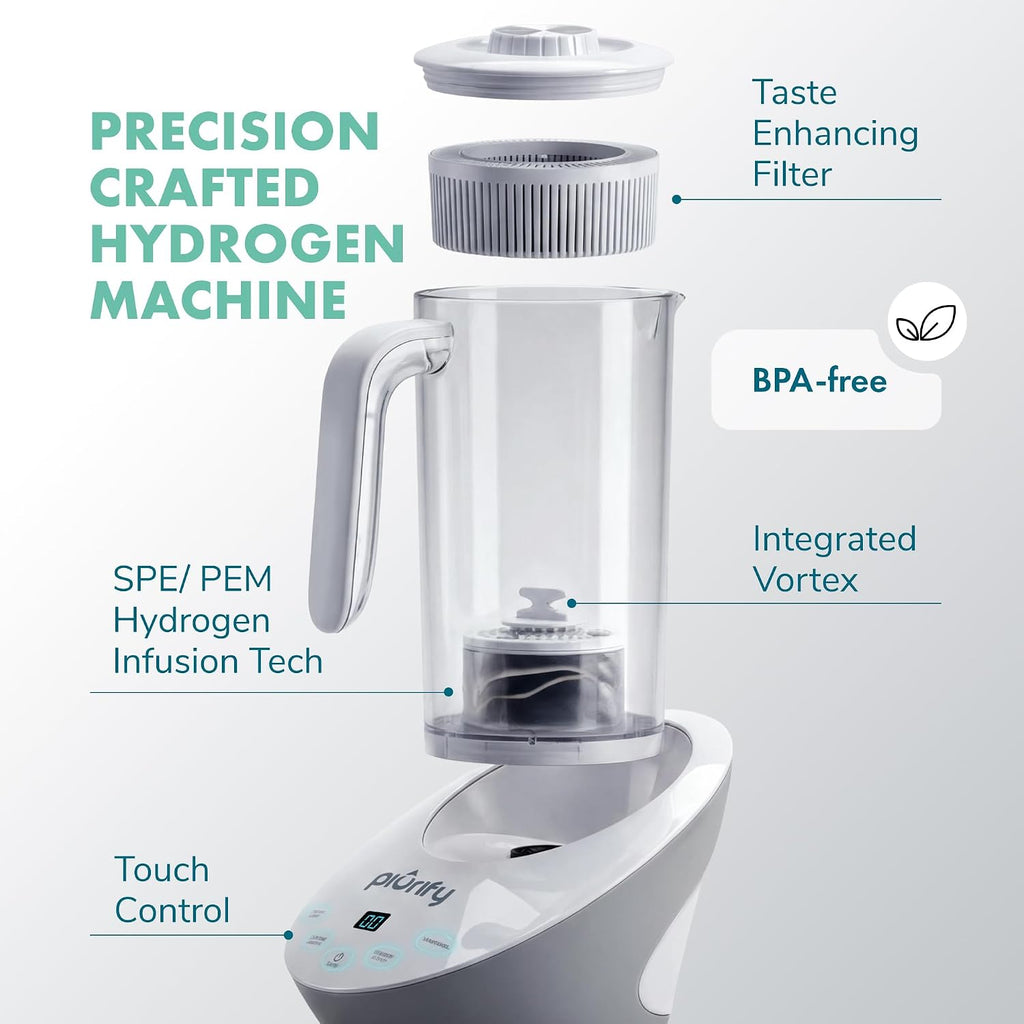 PIURIFY 3 in 1 Hydrogen Water Machine: Hydrogen Water Generator + Vortex Structured Water + Calcium Sulfite Filter | SPE/PEM Hydrogen Water Pitcher with Magnetic Water | BPA-Free Tritan | 50 OZ