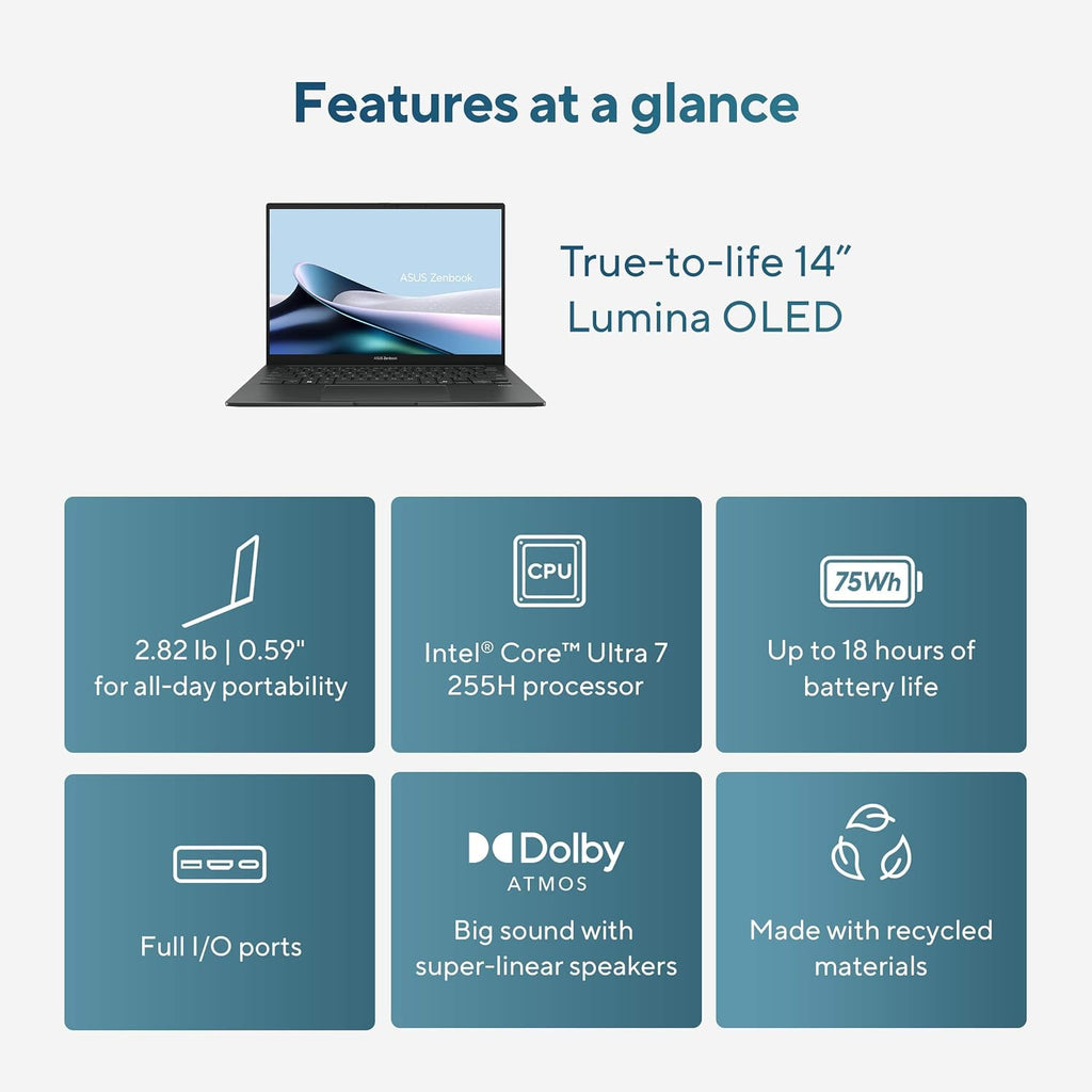 ASUS Zenbook 14 OLED Touchscreen AI PC Laptop,14' FHD+, Intel Core Ultra 7 255H (> i9-13900H), 16GB DDR5 RAM, Backlit, 2x Thunderbolt 4, Wi-Fi 7, IST Computer Customized 512GB/1TB/2TB SSD, Win 11 Pro