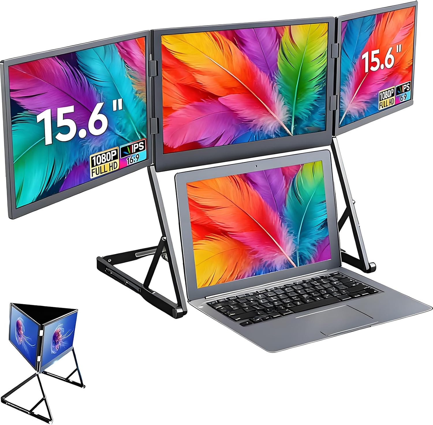 Laptop Screen Extender Monitor, 15.6' Triple Monitor FHD 1080P HDMI/Type-C Extended Monitor Just 1 Cable for 3 Screens for Laptops with 360° Rotation Compatible with Windows Mac Travel Work