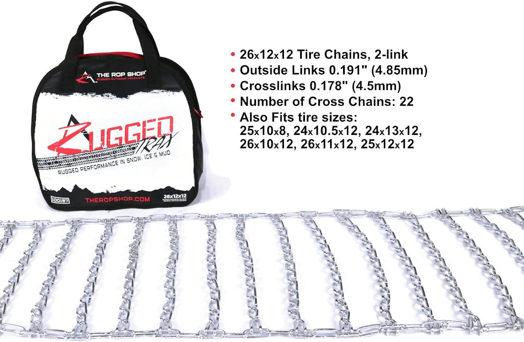 The ROP Shop Pair of 2 Link Tire Chains & Tensioners 26x12x12 for Snow Blowers, Lawn & Garden Tractors, Mowers & Riders, UTV, ATV, 4-Wheelers, Utility Vehicles