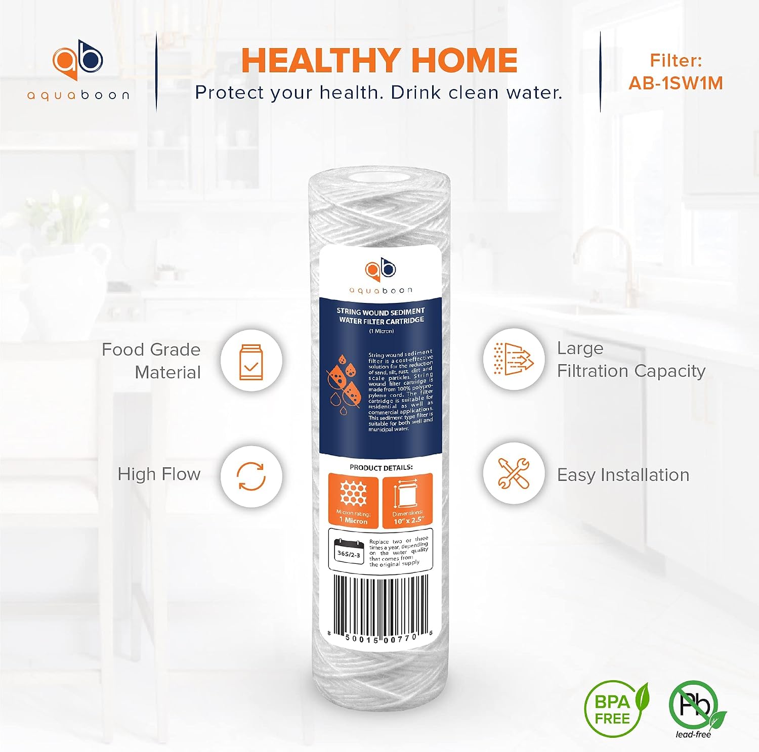 Aquaboon Whole House 1 Micron String Wound Water Filter 10 x 2.5 Cartridge for Well Water Filter Replacement Compatible with WHKF-WHSW, AP110, 50-Pack