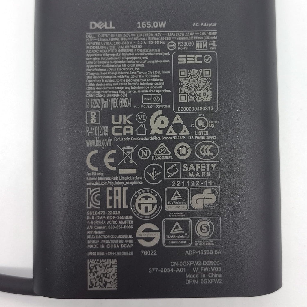 Dell Laptop Charger GAN 165W Watt USB Type C AC Power Adapter, Precision 5680 5690 AC Charger, XPS 17 9720 9730 AC Adapter, Balck, DA165PM210
