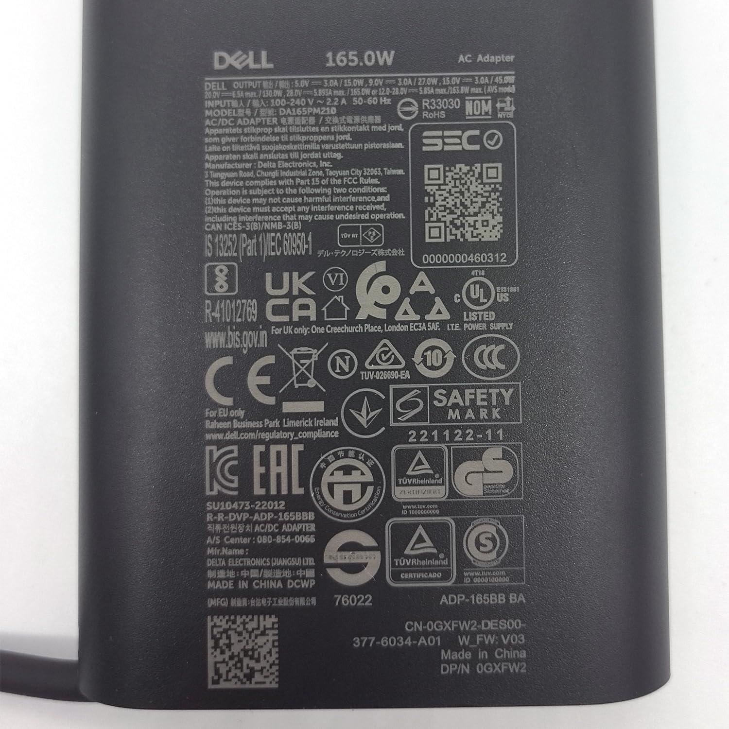 Dell Laptop Charger GAN 165W Watt USB Type C AC Power Adapter, Precision 5680 5690 AC Charger, XPS 17 9720 9730 AC Adapter, Balck, DA165PM210