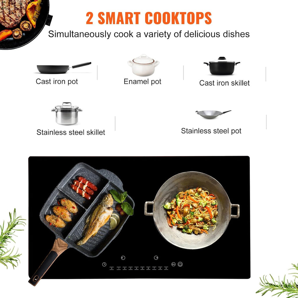 Happybuy Electric Cooktop, 2 Burners, 24'' Induction Stove Top, Built-in Magnetic Cooktop 1800W, 9 Heat Levels, LED Touch Control with Child Lock & Overheat Protection