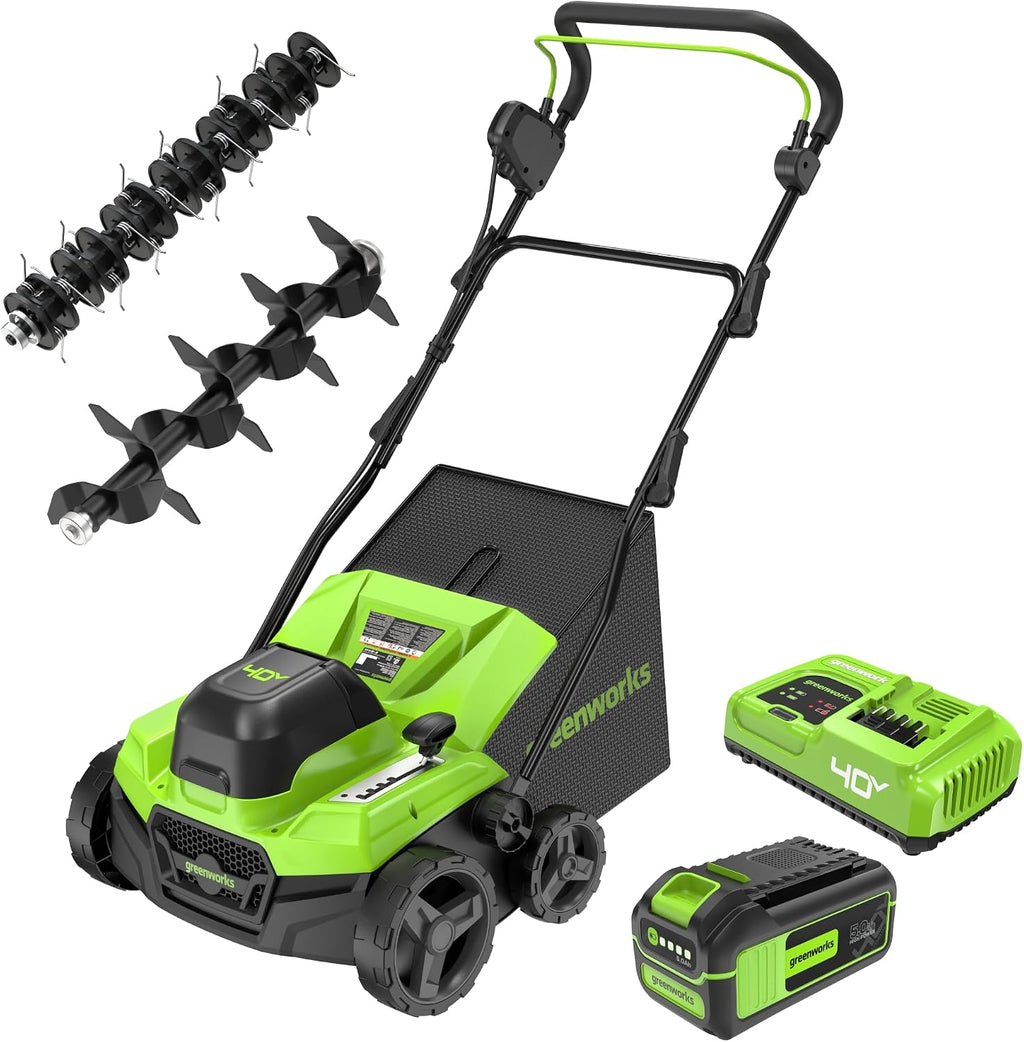 Greenworks 40V 15-Inch 2-in-1 Dethatcher & Scarifier, 5.0Ah Battery & Rapid Charger Included, Brushless Motor, 5-Position Depth Adjustment