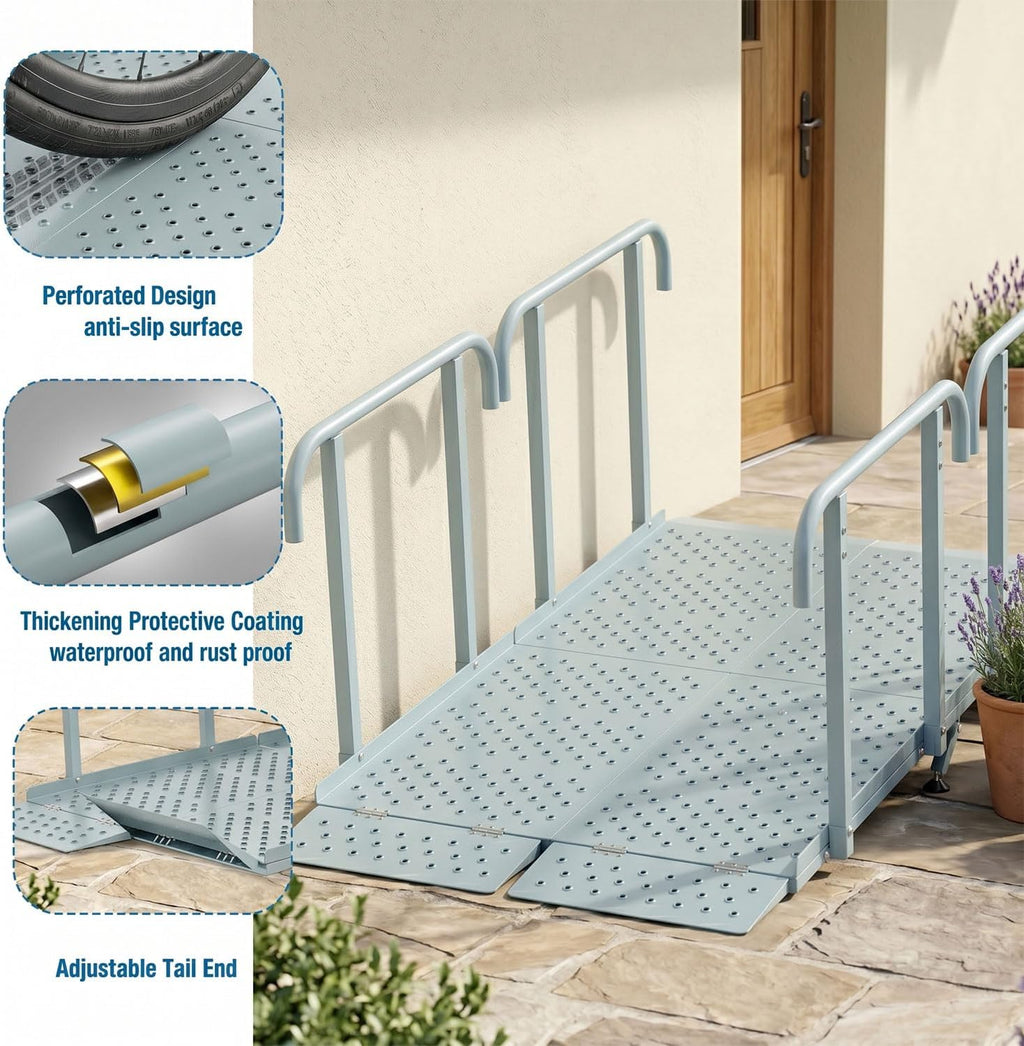8'L x 36' W Portable Wheelchair Ramp with Handrails, Non-Slip Heavy Duty Handicap Ramp 850lbs Load Capacity, Wheelchair Ramp for Home Steps, Stairs, Doorway