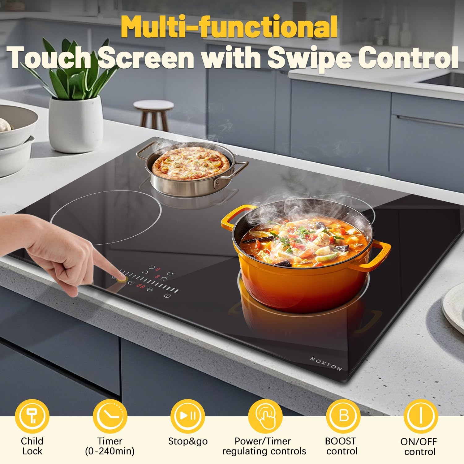 Noxton 30 inch Induction Cooktop, 7200W Electric Cooktop with 4 BOOST Burners, 9 Power Settings, Timer, Child Safety Lock, Pause, 220~240V Hard Wire Induction Stovetop