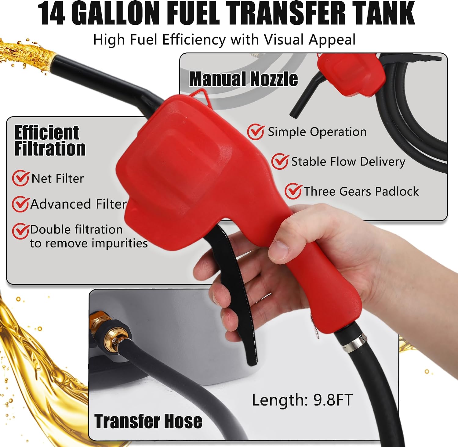 Garvee 15 gal Gas Can, Fuel Caddy with Pump, Fuel Transfer Tanks with 10 ft Delivery Hose Diesel Fuel Can for Cars, Lawn Mowers, Boats,Medium, Gray