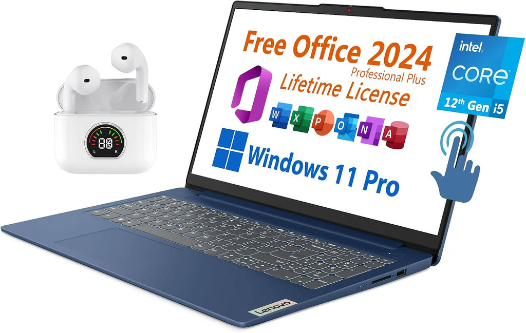 Lenovo 15.6' Laptop, Free Microsoft Office 2024 with Lifetime License, FHD Touchscreen, Intel 10-Core i5-1235U 4.4 GHz, WiFi 6, 16GB RAM, 512GB SSD, 7 hrs Battery Life, Windows 11 Pro, Toree Earbuds